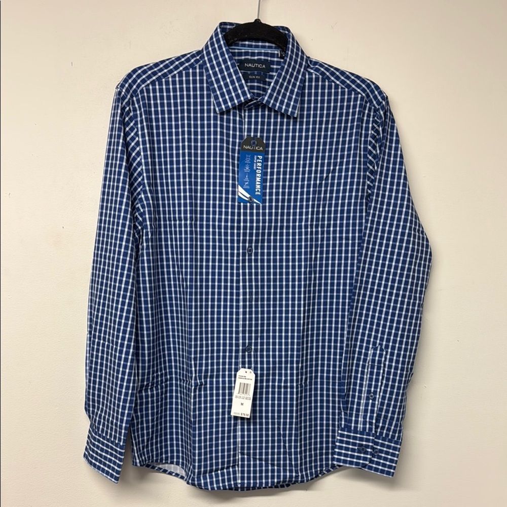 Nautica Blue Casual Button Down Shirt with Checkered Pattern